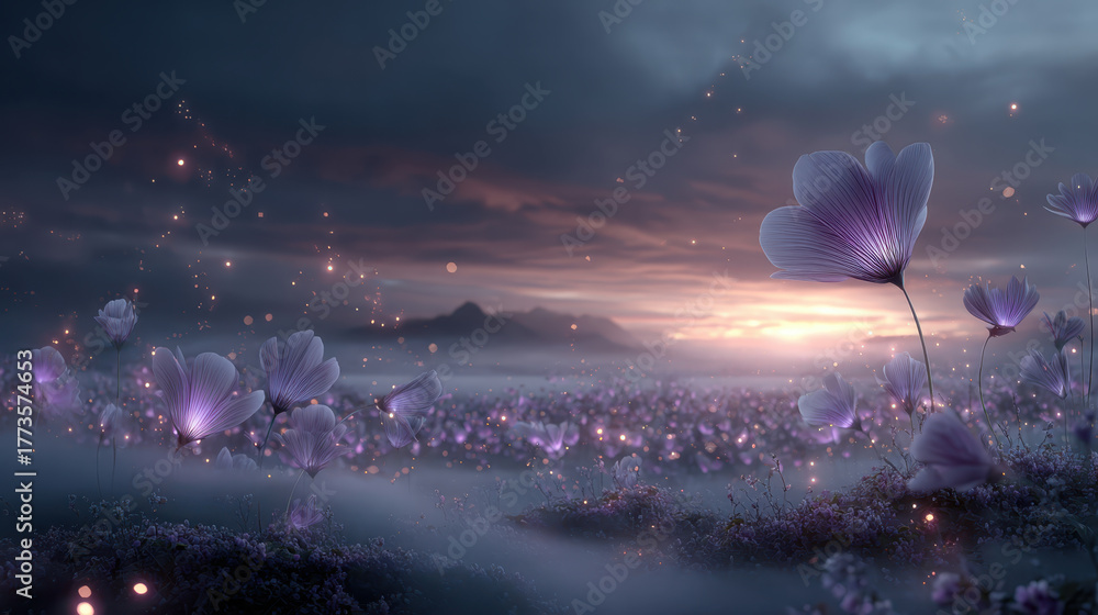 Fototapeta premium Surreal glowing flower field with luminous petals, surrounded by mist and dreamy sunset. enchanting atmosphere evokes sense of wonder and tranquility