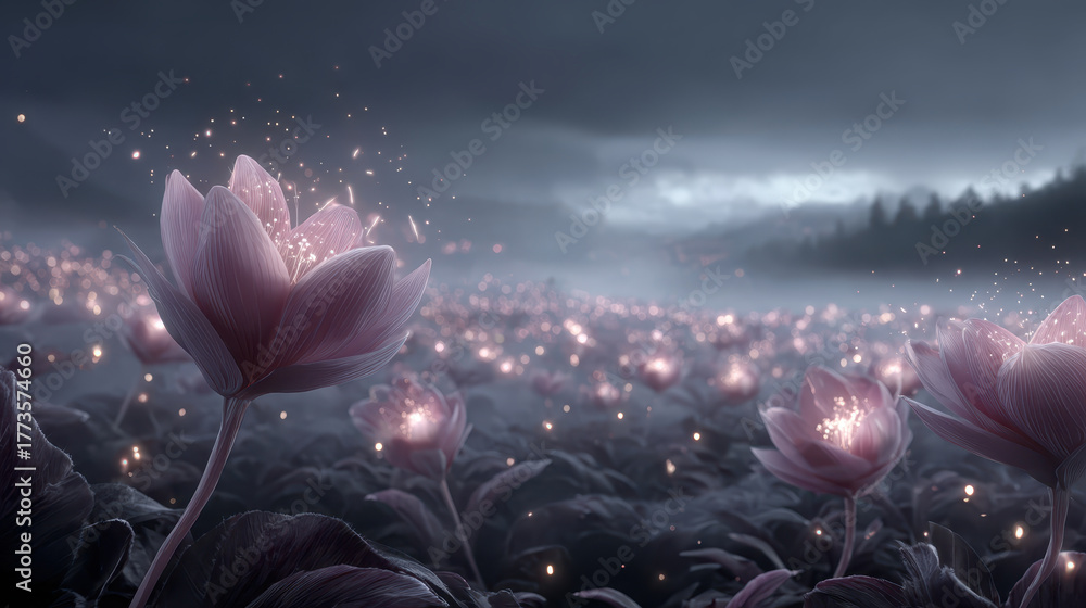 Fototapeta premium Surreal glowing flower field with floating luminous petals creates magical atmosphere. enchanting scene features soft pink flowers amidst misty landscape, evoking wonder and tranquility