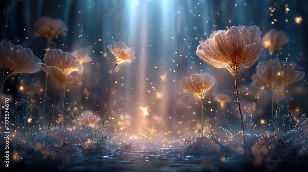Obraz premium Surreal glowing flower field with floating luminous flowers, shimmering lights, and magical atmosphere creates dreamlike scene. enchanting beauty captivates viewer imagination