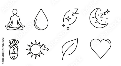 Set of wellness and nature icons minimalist line art vector symbols for health and lifestyle applications isolated on white background