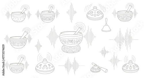 Collection of singing bowl illustrations line art vector graphics for meditation and sound healing isolated on white background