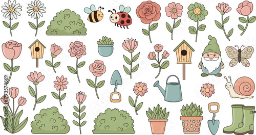 Charming garden elements illustration featuring flowers, insects, tools, and a gnome, perfect for adding a touch of whimsy to any project