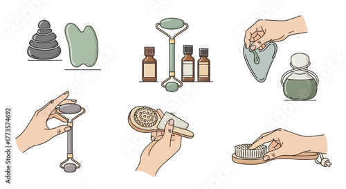 Set of jade rollers and gua sha tools vector illustration of beauty and skincare routine isolated on white background