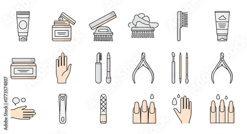 Set of manicure icons nail care and beauty treatment symbols flat vector illustration isolated on white background