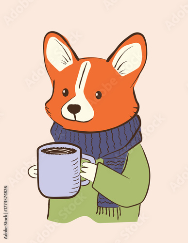Line sketch of a corgi dog wearing a scarf, holding a coffee mug, ideal for logo or branding. Cute, playful animal illustration perfect for cozy, friendly, and approachable designs