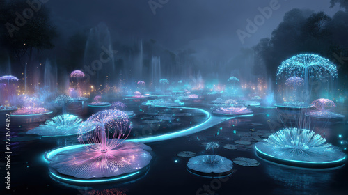 Surreal glowing park features floating luminous flowers, vibrant colors, and ethereal lighting, creating magical atmosphere that captivates imagination