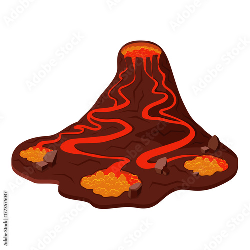 Illustration of an erupting volcano with lava flowing down its sides and hot rocks scattered around