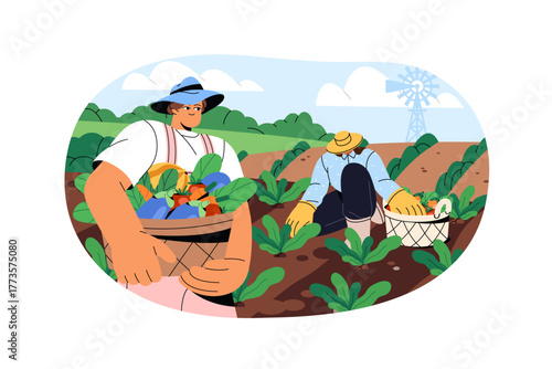 Farmers gather harvest, carry basket of vegetables. Farm workers pick up crop, cultivate ground, care about garden. People work in countryside. Flat isolated vector illustration on white background