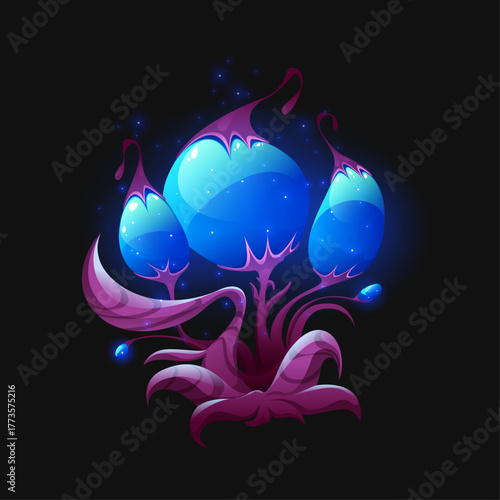 Vibrant bioluminescent alien flora with glowing blue caps and intricate purple stems on dark background