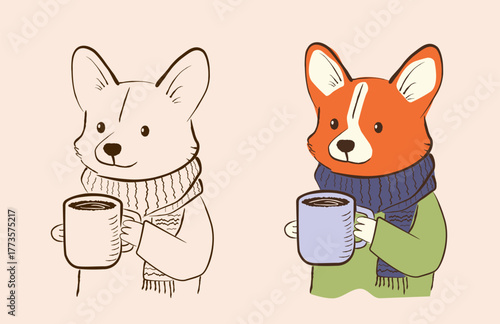 Line sketch of a corgi dog wearing a scarf, holding a coffee mug, ideal for logo or branding. Cute, playful animal illustration perfect for cozy, friendly, and approachable designs