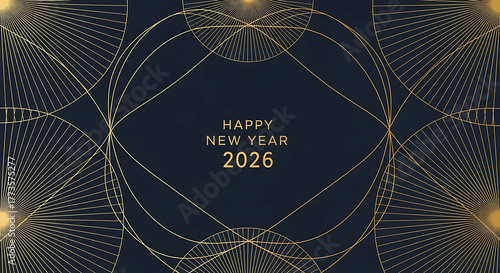 Happy New Year 2026 gold geometric art deco pattern dark background image