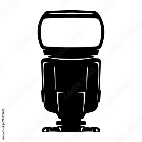 Black Silhouette of a Professional Camera Flash Speedlight, Isolated Photography Equipment.