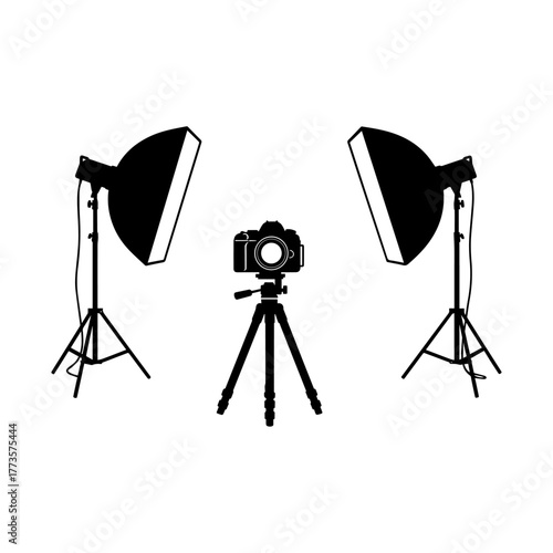 Black Silhouette Professional Photography Studio Setup with Camera and Softbox Lights.