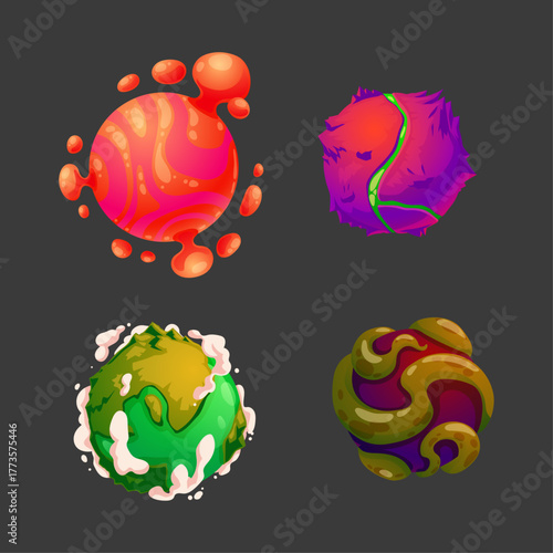 A vibrant collection of cartoon fantasy alien planets and cosmic worlds for a space game interface