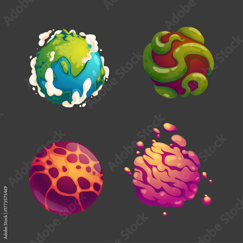 Imaginary alien planets and celestial bodies with unique textures and vibrant colors