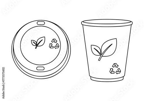 Sustainable Eco Friendly Paper Cup Lid and Container with Recycling Symbol and Leaf Illustration