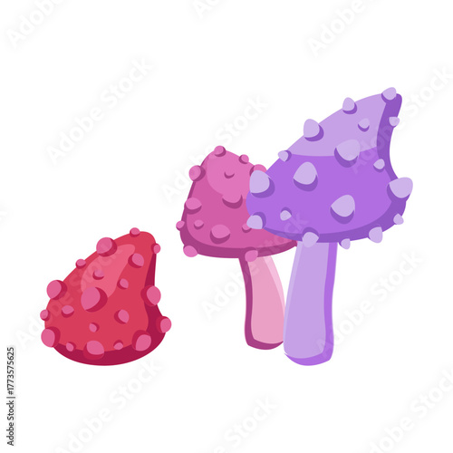 Enchanting Cartoon Mushrooms in Vibrant Shades of Pink and Purple, Whimsical Fungi Illustration