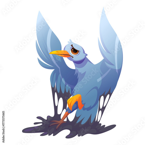 Seagull in Oil Spill Cartoon Vector Illustration of Environmental Pollution Impact
