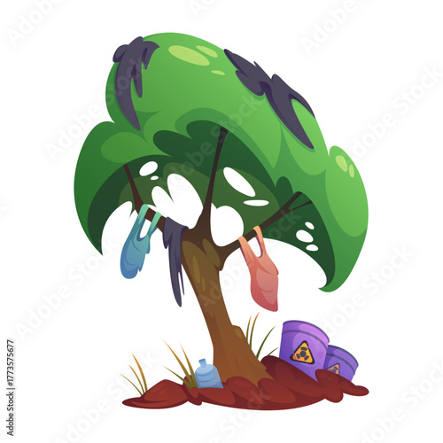 Environmental Pollution A Tree Decorated with Plastic Bags, Highlighting the Impact of Waste Disposal