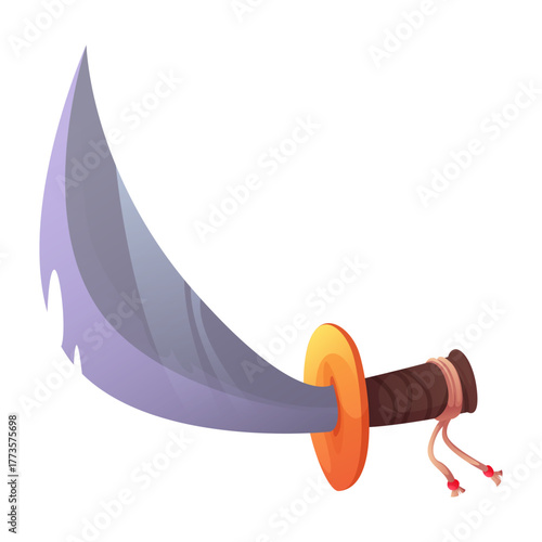 Cartoon pirate cutlass sword with a curved steel blade and wrapped hilt, isolated illustration