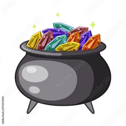 A magical black cauldron filled to the brim with sparkling colorful gems and shiny crystals