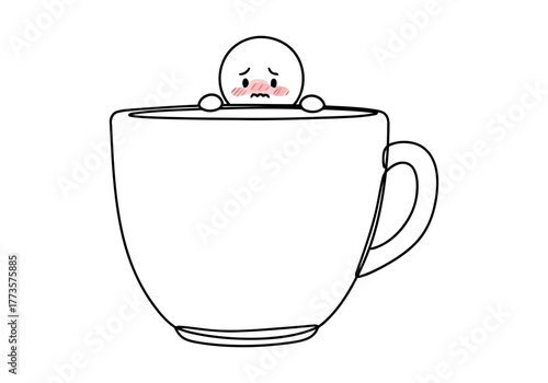 A Small White Cartoon Character Peeking Over The Edge Of A Large Coffee Mug Looking Anxious