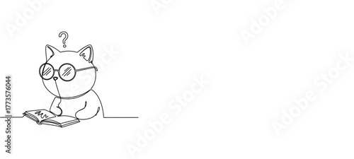 Curious Cat Wearing Glasses Deeply Engaged in Reading a Book with a Question Mark Above Its Head Symbolizing Intellectual Curiosity and Learning