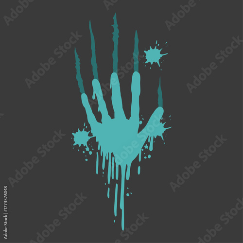 Grunge horror illustration of a dripping turquoise handprint with aggressive claw scratches and paint splatters