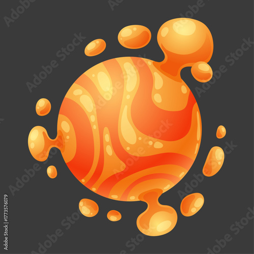 Orange liquid planet or galaxy with swirling waves and liquid drops for cosmic exploration and discovery