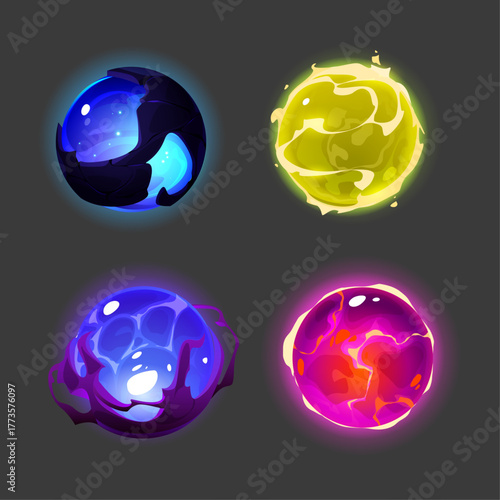Collection of Four Magical Orbs with Different Glowing Energies and Colors