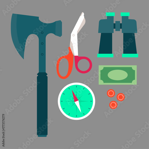 Survival Gear and Tools Axe, Binoculars, Compass, and Money for Outdoor Adventure