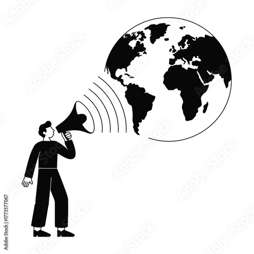 Man with megaphone announcing the world silhouette isolated on white background