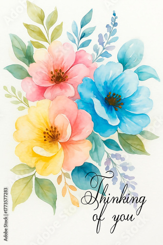 Thinking of you - card. Watercolor floral background bouquet of flowers.