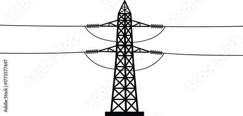 High voltage power transmission tower, electricity pylon vector silhouette, electrical grid infrastructure, energy distribution, utility line design illustration