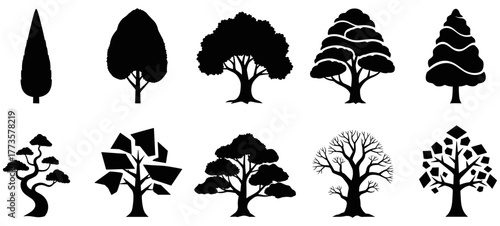Tree silhouette collection, black vector set of ten diverse tree designs including natural, stylized, and abstract forms on white background