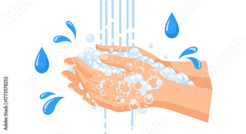 Hands being washed with water and soap, creating abundant white bubbles and splashes.