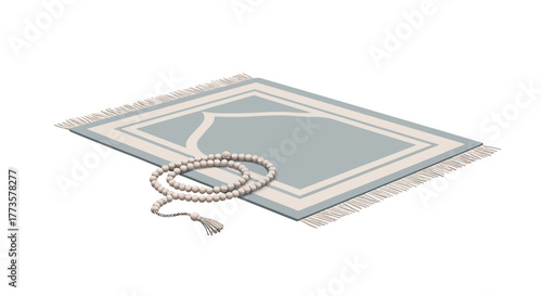 An overhead shot of a prayer rug with a beaded rosary, isolated on white.
