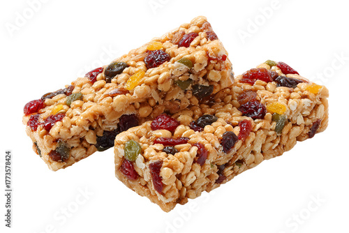 Two delicious homemade granola bars packed with dried fruit and nuts on a black background