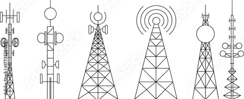 Illustration of six different communication towers with antennas, signal waves, wireless network technology icons, transmission towers line art vector designv