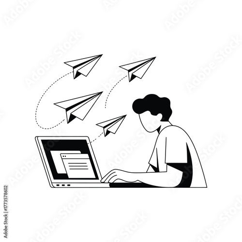 Person sending paper airplanes from laptop silhouette isolated on white background