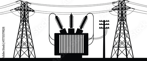 High voltage transformer station, electric power lines, electricity transmission tower, utility infrastructure, energy grid system, electrical distribution, silhouette vector