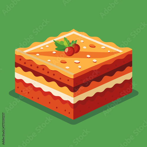 Baklava Delight: A tempting slice of baklava with layers of flaky pastry, drenched in sweet syrup, and adorned with delicate nuts and vibrant toppings, rests on a solid ground background.