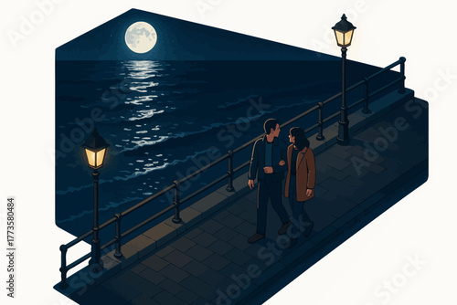 Young couple walking on moonlit pier at night with ocean view