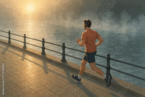 Young caucasian male jogging along waterfront at sunrise