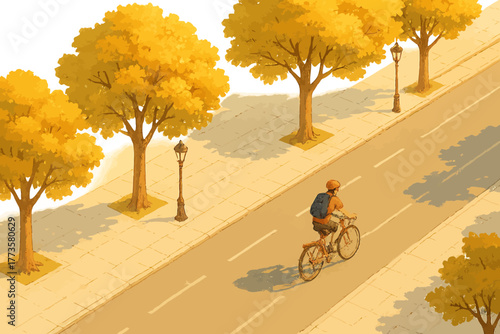 Cyclist on autumn tree-lined path
