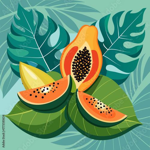 Tropical Papaya Delight: A vibrant illustration showcasing the exotic allure of papaya, artfully presented with fresh leaves, bursting with color and the promise of tropical indulgence.