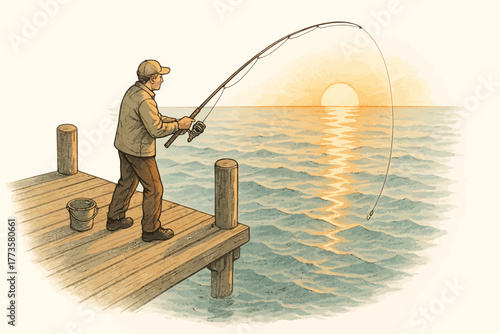 Caucasian male fishing at sunset on pier with calm ocean