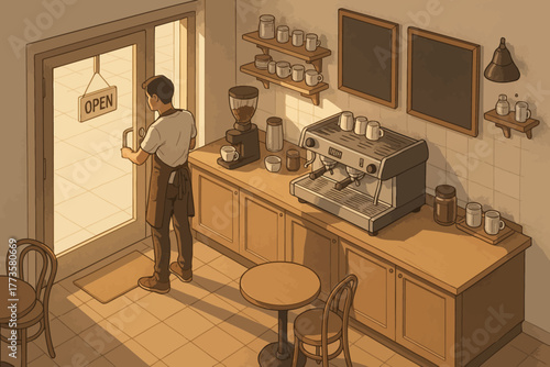 Young male barista opening cozy café interior with coffee equipment