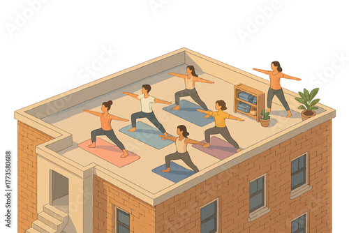 Diverse group of women practicing yoga on rooftop at sunset