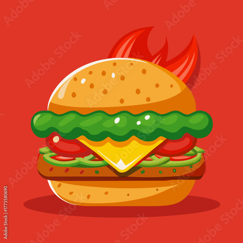 Deliciously Fiery Burger: A mouthwatering illustration of a burger, featuring fresh ingredients and flames, perfect for food and culinary-related content.